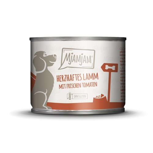 MjAMjAM - Premium Nassfutter für Hunde - herzhaftes Lamm an gekochtem Reis mit frischen Tomaten, 1er Pack (1 x 200 g), naturbelassen mit extra viel Fleisch von MjAMjAM