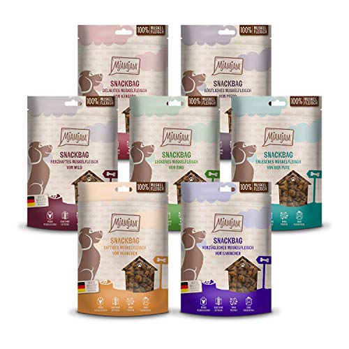 MjAMjAM - Premium Hundesnack -Snackbag Multipack Muskelfleisch 1Kaninchen/Pute, 2 Hühnchen, 1 Rind/Wild, 1Pferd/Känguru, 8er Pack (8 x 100g), naturbelassen ganz ohne synthetische Konservierungsstoffe von MjAMjAM