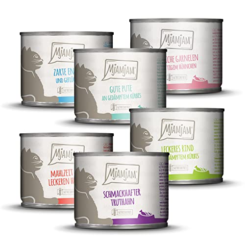 MjAMjAM - Premium Katzenfutter Probierpaket, Nassfutter mit extra viel Fleisch, getreidefrei 200 g (6er Pack) von MjAMjAM