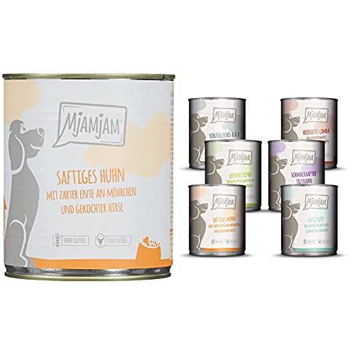 MjAMjAM - Premium Nassfutter für Hunde, 6er Pack (6 x 800 g) & Premium Nassfutter für Hunde - Mixpaket II - Mit Huhn & Ente, Rind, Pute, Kalb, Truthahn, Lamm, 6er Pack (6 x 800 g) von MjAMjAM