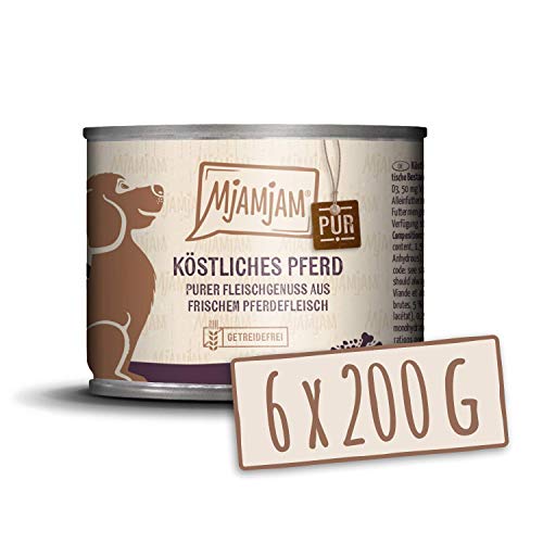 MjAMjAM Premium Nassfutter für Hunde, purer Fleischgenuss, köstliches Pferd pur, 6er-Pack (6 x 200 g), getreidefrei mit extra viel Fleisch von MjAMjAM