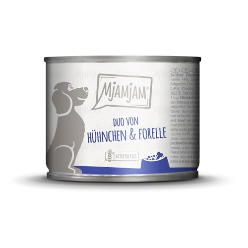 MjAMjAM - Premium Nassfutter für Hunde - DUO von saftigem Hühnchen & Forelle an gedämpfter Zucchini, 1er Pack (1 x 200g), getreidefrei mit extra viel Fleisch von MjAMjAM