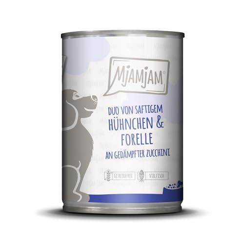 MjAMjAM - Premium Nassfutter für Hunde - DUO von saftigem Hühnchen & Forelle an gedämpfter Zucchini, 1er Pack (1 x 400g), getreidefrei mit extra viel Fleisch von MjAMjAM