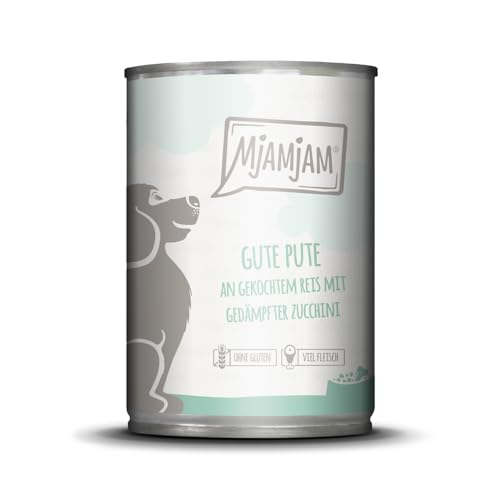 MjAMjAM - Premium Nassfutter für Hunde - Gute Pute an gekochtem Reis mit gedämpfter Zucchini, 1er Pack (1 x 400 g), naturbelassen mit extra viel Fleisch von MjAMjAM