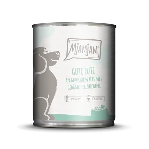 MjAMjAM - Premium Nassfutter für Hunde - Gute Pute an gekochtem Reis mit gedämpfter Zucchini, 1er Pack (1 x 800 g), naturbelassen mit extra viel Fleisch von MjAMjAM