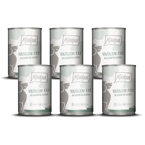 MjAMjAM - Premium Nassfutter für Hunde - vorzügliches Kalb an gedämpfter Zucchini, 6er Pack (6 x 400 g), getreidefrei mit extra viel Fleisch von MjAMjAM