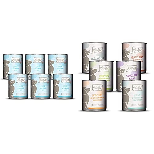 MjAMjAM - Premium Nassfutter für Hunde - Junior saftiges Hühnchen mit Ei, 6er Pack (6 x 800 g) & - Premium Nassfutter für Hunde - Mixpaket II, 6er Pack (6 x 800 g), Getreidefrei mit Extra Viel Fleisch von MjAMjAM