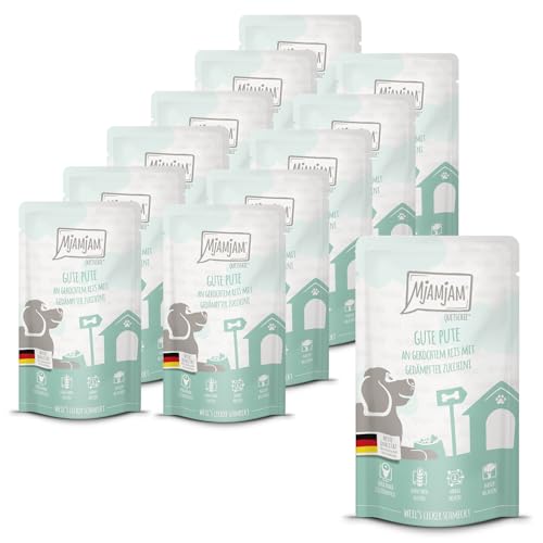 MjAMjAM - Premium Nassfutter für Hunde - Quetschie - Gute Pute an gekochtem Reis mit gedämpfter Zucchini, 12er Pack (12 x 125g), glutenfrei mit extra viel Fleisch von MjAMjAM