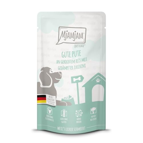 MjAMjAM - Premium Nassfutter für Hunde - Quetschie - Gute Pute an gekochtem Reis mit gedämpfter Zucchini, 1er Pack (1 x 125g), glutenfrei mit extra viel Fleisch von MjAMjAM