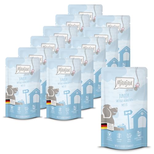 MjAMjAM - Premium Nassfutter für Hunde - Quetschie - Junior saftiges Hühnchen mit Ei, 12er Pack (12 x 125g), getreidefrei mit extra viel Fleisch von MjAMjAM