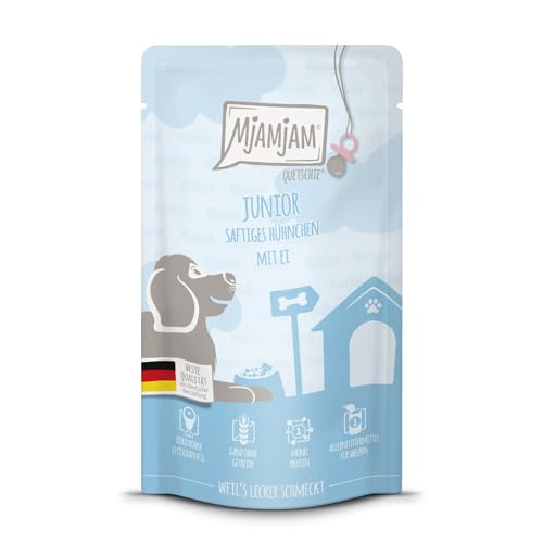 MjAMjAM - Premium Nassfutter für Hunde - Quetschie - Junior saftiges Hühnchen mit Ei, 1er Pack (1 x 125g), getreidefrei mit extra viel Fleisch von MjAMjAM