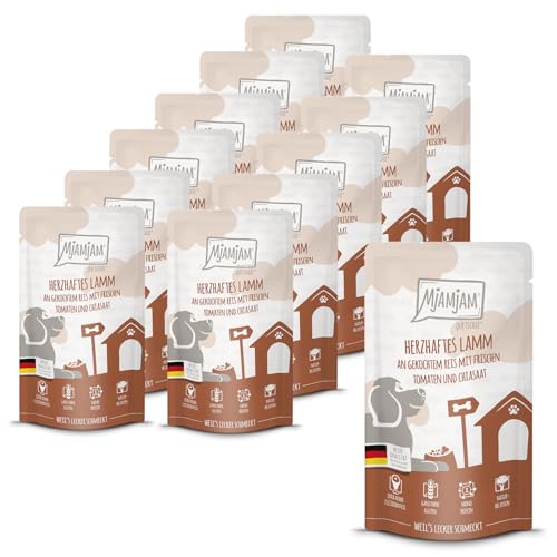 MjAMjAM - Premium Nassfutter für Hunde - Quetschie - herzhaftes Lamm an gekochtem Reis mit frischen Tomaten und Chiasaat, 12er Pack (12 x 125g), glutenfrei mit extra viel Fleisch von MjAMjAM