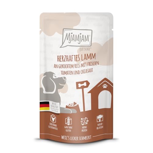 MjAMjAM - Premium Nassfutter für Hunde - Quetschie - herzhaftes Lamm an gekochtem Reis mit frischen Tomaten und Chiasaat, 1er Pack (1 x 125g), glutenfrei mit extra viel Fleisch von MjAMjAM