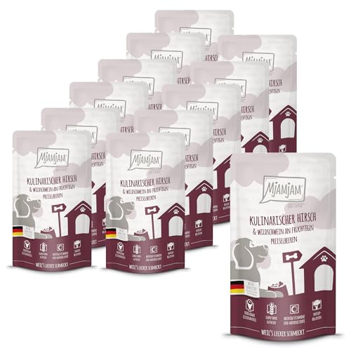 MjAMjAM - Premium Nassfutter für Hunde - Quetschie - kulinarischer Hirsch & Wildschwein an fruchtigen Preiselbeeren, 12er Pack (12 x 125g), getreidefrei mit extra viel Fleisch von MjAMjAM