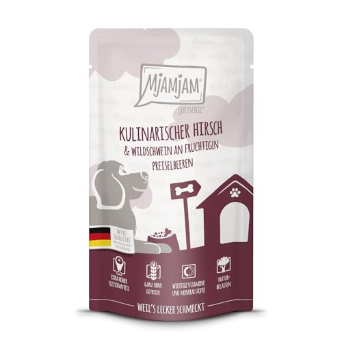 MjAMjAM - Premium Nassfutter für Hunde - Quetschie - kulinarischer Hirsch & Wildschwein an fruchtigen Preiselbeeren, 1er Pack (1 x 125g), getreidefrei mit extra viel Fleisch von MjAMjAM