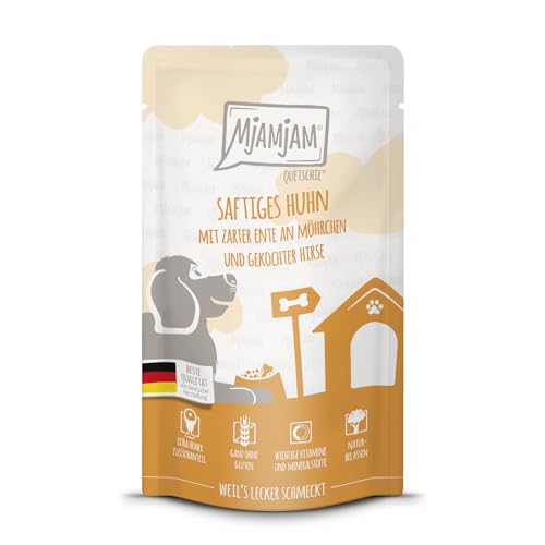 MjAMjAM - Premium Nassfutter für Hunde - Quetschie - saftiges Huhn mit zarter Ente an Möhrchen und gekochter Hirse, 1er Pack (1 x 125g), glutenfrei mit extra viel Fleisch von MjAMjAM