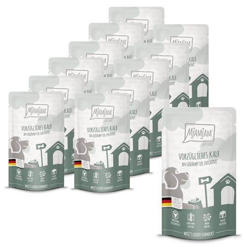 MjAMjAM - Premium Nassfutter für Hunde - Quetschie - vorzügliches Kalb an gedämpfter Zucchini, 12er Pack (12 x 125g), getreidefrei mit extra viel Fleisch von MjAMjAM