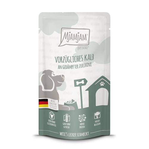 MjAMjAM - Premium Nassfutter für Hunde - Quetschie - vorzügliches Kalb an gedämpfter Zucchini, 1er Pack (1 x 125g), getreidefrei mit extra viel Fleisch von MjAMjAM