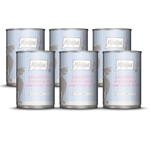 MjAMjAM - Premium Nassfutter für Hunde - blanchierte Pute mit reichlich Lachs an gedämpfter Zucchini an Soße, 6er Pack (6 x 380 g), getreidefrei mit extra viel Fleisch von MjAMjAM