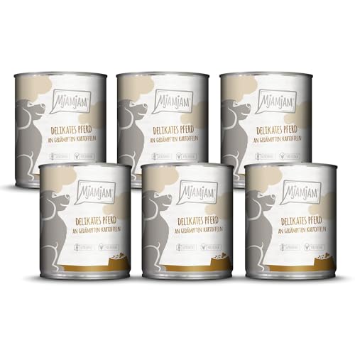 MjAMjAM - Premium Nassfutter für Hunde - delikates Pferd an gedämpften Kartoffeln, 6er Pack (6 x 800g), getreidefrei mit extra viel Fleisch von MjAMjAM