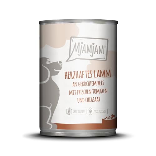 MjAMjAM - Premium Nassfutter für Hunde - herzhaftes Lamm an gekochtem Reis mit frischen Tomaten, 1er Pack (1 x 400 g), naturbelassen mit extra viel Fleisch von MjAMjAM