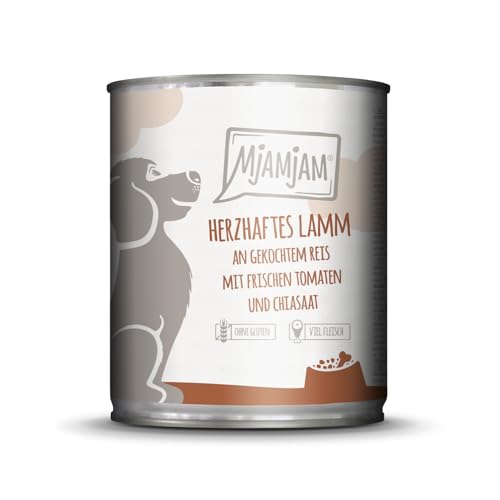 MjAMjAM - Premium Nassfutter für Hunde - herzhaftes Lamm an gekochtem Reis mit frischen Tomaten, 1er Pack (1 x 800 g), naturbelassen mit extra viel Fleisch von MjAMjAM