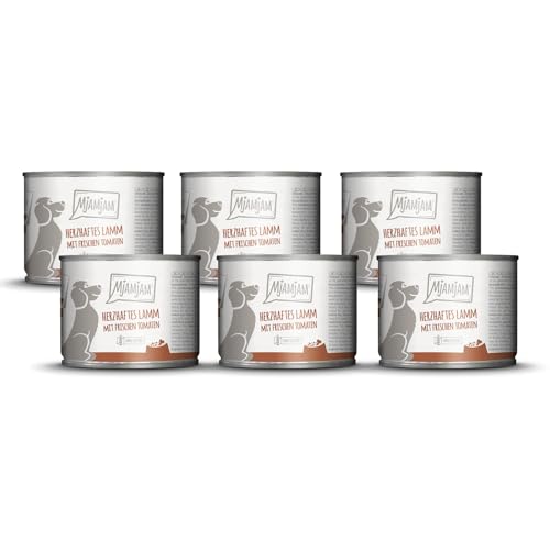 MjAMjAM - Premium Nassfutter für Hunde - herzhaftes Lamm an gekochtem Reis mit frischen Tomaten, 6er Pack (6 x 200 g), naturbelassen mit extra viel Fleisch von MjAMjAM