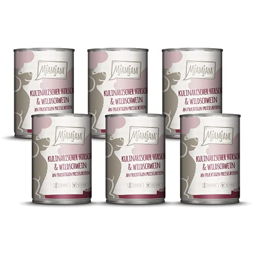 MjAMjAM - Premium Nassfutter für Hunde - kulinarischer Hirsch & Wildschwein an Preiselbeeren, 6er Pack (6 x 400 g), getreidefrei mit extra viel Fleisch von MjAMjAM