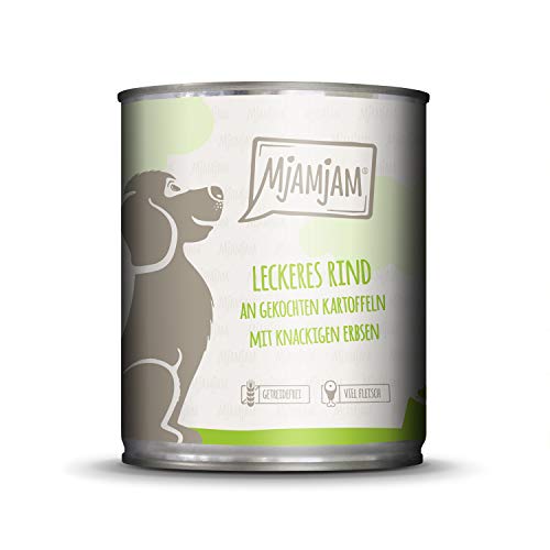 MjAMjAM - Premium Nassfutter für Hunde - leckeres Rind an gekochten Kartoffeln mit knackigen Erbsen, 6er Pack (6 x 800 g), getreidefrei mit extra viel Fleisch von MjAMjAM