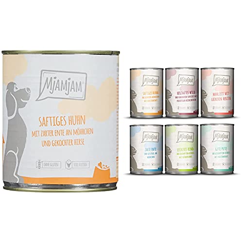 MjAMjAM - Premium Nassfutter für Hunde - saftiges Huhn mit zarter Ente, 6er Pack (6 x 800 g) & Premium Nassfutter für Katzen - Mixpaket 3 - Wild & Kaninchen, Pute, Ente & Geflügel, 6er Pack (6x400 g) von MjAMjAM