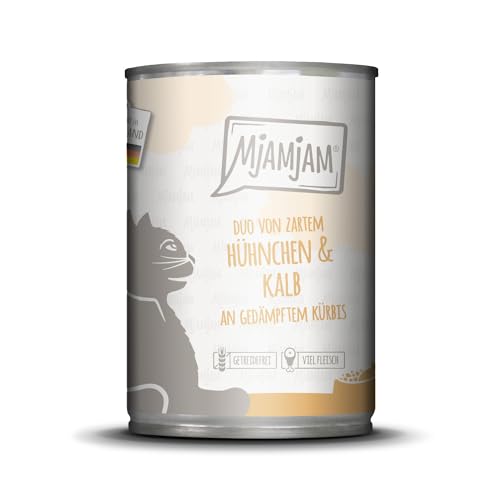 MjAMjAM - Premium Nassfutter für Katzen - DUO von zartem Hühnchen & Kalb an gedämpftem Kürbis, 1er Pack (1 x 400g), getreidefrei mit extra viel Fleisch von MjAMjAM