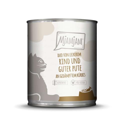 MjAMjAM - Premium Nassfutter für Katzen - Duo aus leckerem Rind & guter Pute an gedämpftem Kürbis, 1er Pack (1 x 800 g), getreidefrei mit extra viel Fleisch von MjAMjAM