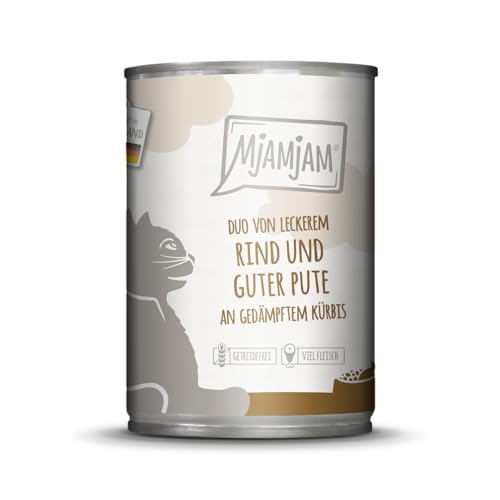 MjAMjAM - Premium Nassfutter für Katzen - Duo von leckerem Rind und guter Pute an gedämpftem Kürbis, 1er Pack (1 x 400 g), getreidefrei mit extra viel Fleisch von MjAMjAM