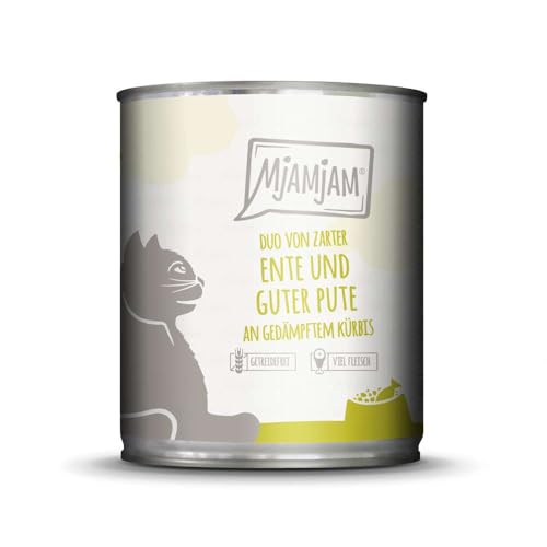 MjAMjAM - Premium Nassfutter für Katzen - Duo von zarter Ente und guter Pute an gedämpftem Kürbis, 1er Pack (1 x 800 g), getreidefrei mit extra viel Fleisch von MjAMjAM