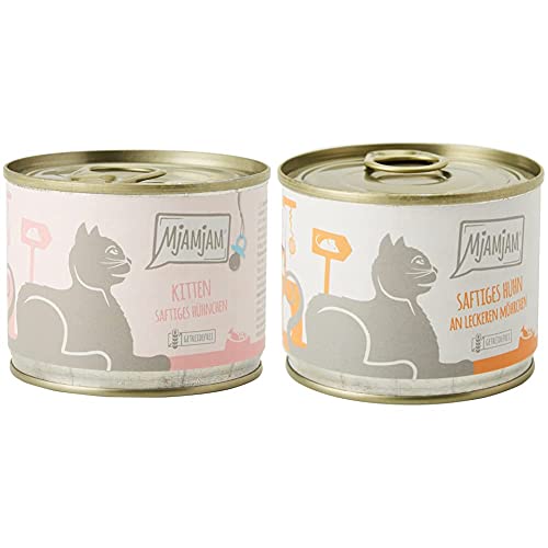 MjAMjAM - Premium Nassfutter für Katzen - Kitten saftiges Hühnchen mit Lachsöl, 6er Pack (6 x 200 g) & Premium Nassfutter für Katzen - saftiges Huhn an leckeren Möhrchen, 6er Pack (6 x 200 g) von MjAMjAM