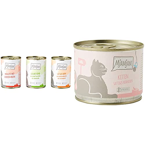 MjAMjAM - Premium Nassfutter für Katzen - Mixpaket 1 - Huhn, Rind, Herzen, 6er Pack (6 x 400 g) & Premium Nassfutter für Katzen - Kitten saftiges Hühnchen mit Lachsöl, 6er Pack (6 x 200 g) von MjAMjAM