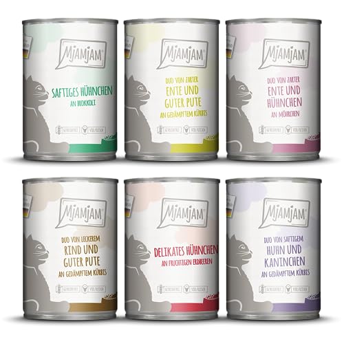 MjAMjAM - Premium Nassfutter für Katzen - Mixpaket 6 für deine Katze, 6er Pack (6 x 400 g), getreidefrei mit extra viel Fleisch von MjAMjAM