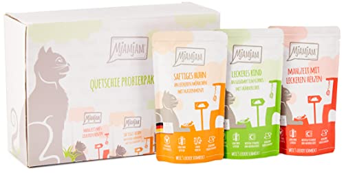 MjAMjAM - Premium Nassfutter für Katzen - Mixpaket I - Huhn, Rind, Herzen, 12er Pack (12 x 125 g), getreidefrei mit extra viel Fleisch von MjAMjAM