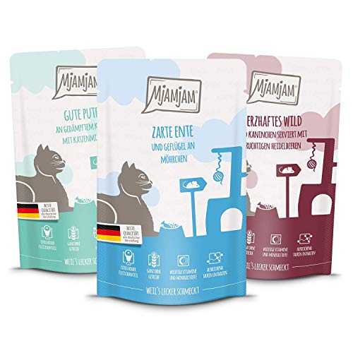 MjAMjAM - Premium Nassfutter für Katzen - Mixpaket II 4*Wild&Kaninchen, 4*Pute, 4*Ente&Geflügel, 12er Pack (12 x 125 g), getreidefrei mit extra viel Fleisch von MjAMjAM