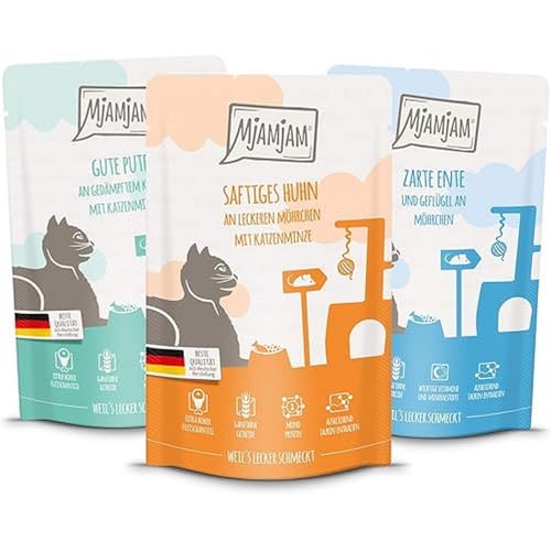 MjAMjAM - Premium Nassfutter für Katzen - Mixpaket IV - 4*Huhn, 4*Ente & Geflügel, 4*Pute 12 x 125g, 12er Pack (12 x 125 g), getreidefrei mit extra viel Fleisch von MjAMjAM