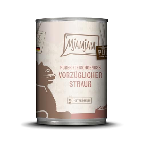 MjAMjAM – Premium Nassfutter für Katzen - Purer Fleischgenuss – vorzüglicher Strauß pur, 1er Pack (1 x 400g), getreidefrei mit extra viel Fleisch von MjAMjAM