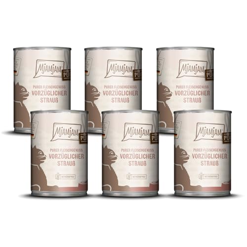 MjAMjAM – Premium Nassfutter für Katzen - Purer Fleischgenuss – vorzüglicher Strauß pur, 6er Pack (6 x 400g), getreidefrei mit extra viel Fleisch von MjAMjAM