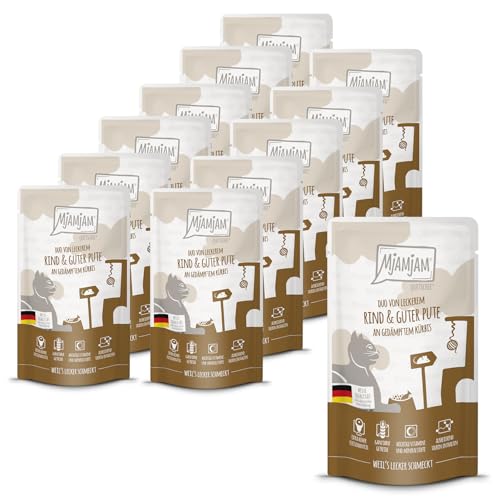 MjAMjAM - Premium Nassfutter für Katzen - Quetschie - DUO von leckerem Rind & guter Pute an gedämpftem Kürbis, 12er Pack (12 x 125g), getreidefrei mit extra viel Fleisch von MjAMjAM