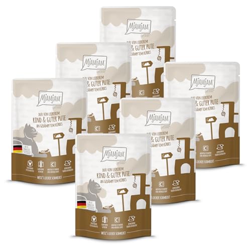 MjAMjAM - Premium Nassfutter für Katzen - Quetschie - DUO von leckerem Rind & guter Pute an gedämpftem Kürbis, 6er Pack (6 x 300g), getreidefrei mit extra viel Fleisch von MjAMjAM