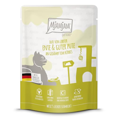 MjAMjAM - Premium Nassfutter für Katzen - Quetschie - DUO von zarter Ente & guter Pute an gedämpftem Kürbis, 1er Pack (1 x 300g), getreidefrei mit extra viel Fleisch von MjAMjAM