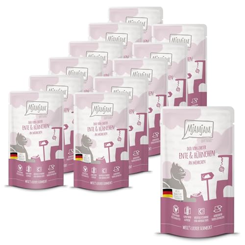 MjAMjAM - Premium Nassfutter für Katzen - Quetschie - DUO von zarter Ente & saftigem Hühnchen an Möhrchen, 12er Pack (12 x 125g), getreidefrei mit extra viel Fleisch von MjAMjAM