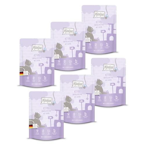 MjAMjAM - Premium Nassfutter für Katzen - Quetschie Kitten vorzügliches Kalb mit Lachsöl 300g, 6er Pack (6 x 300g), naturbelassen mit extra viel Fleisch von MjAMjAM