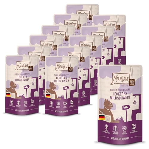 MjAMjAM - Premium Nassfutter für Katzen - Quetschie Purer Fleischgenuss - leckeres Wildschwein pur, 12er Pack (12x125g), getreidefrei von MjAMjAM