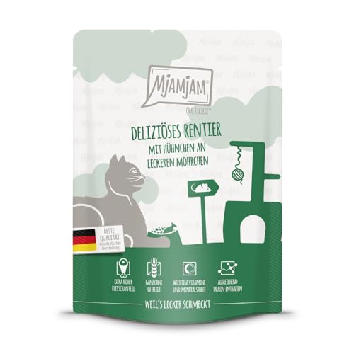 MjAMjAM - Premium Nassfutter für Katzen - Quetschie - deliziöses Rentier mit Hühnchen an leckeren Möhrchen, 1er Pack (1 x 300 g), getreidefrei mit extra viel Fleisch von MjAMjAM