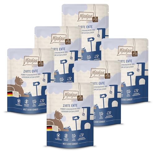 MjAMjAM - Premium Nassfutter für Katzen - Quetschie - purer Fleischgenuss - zarte Ente pur, 6er Pack (6 x 300 g), getreidefrei mit extra viel Fleisch von MjAMjAM